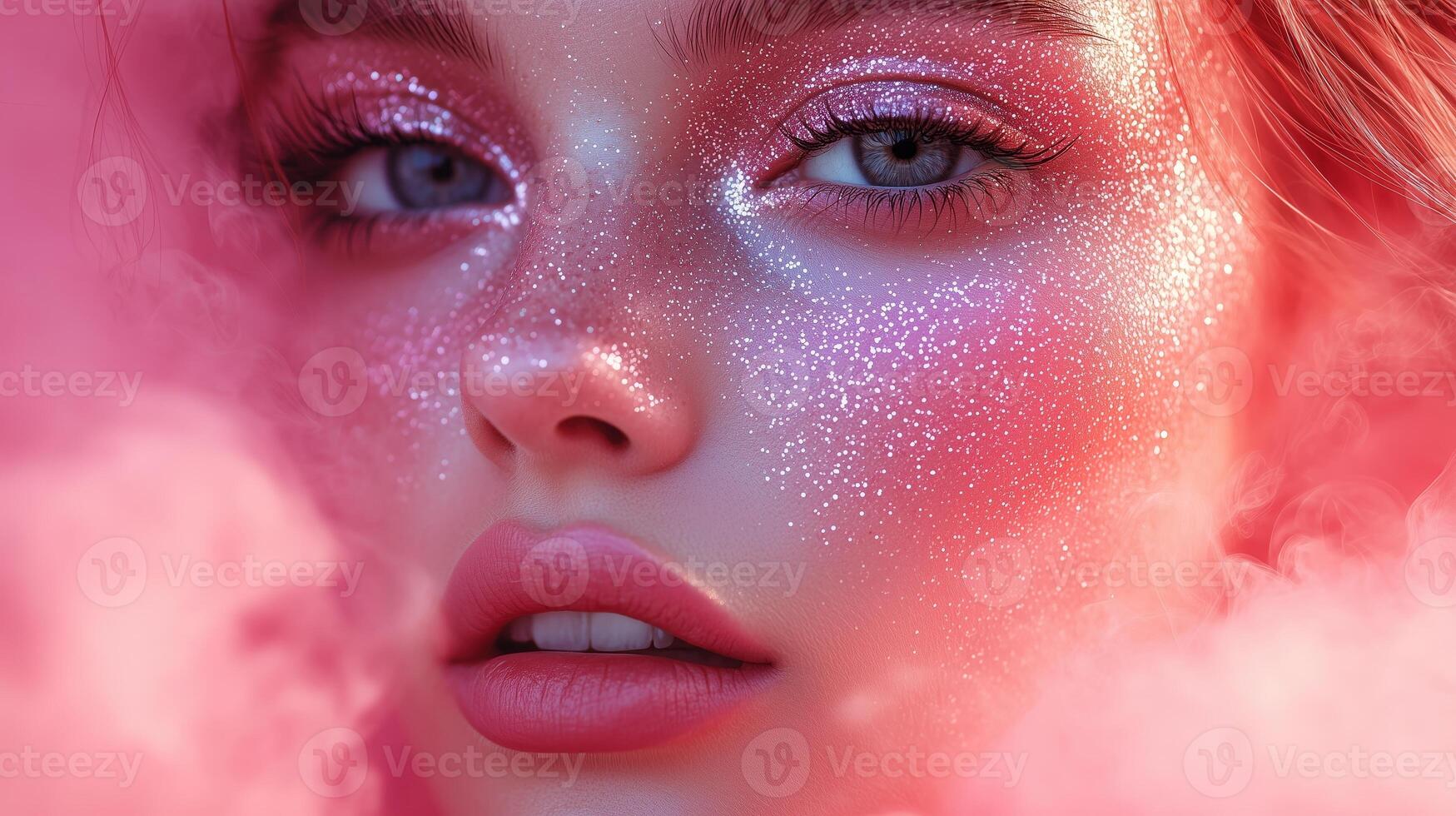 A woman with pink makeup and glitter on her face photo