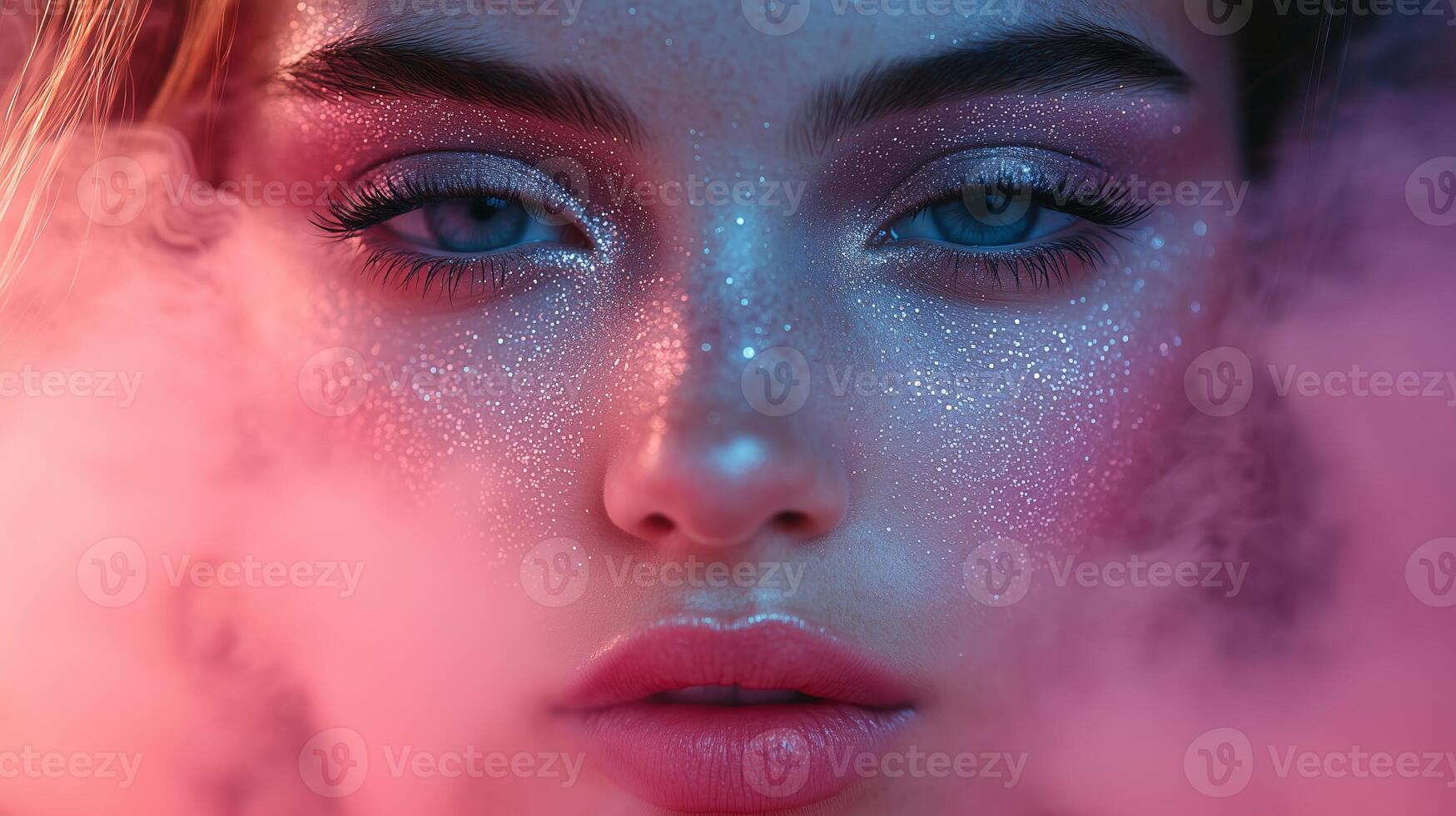 A woman with blue eyes and pink makeup is in the smoke photo
