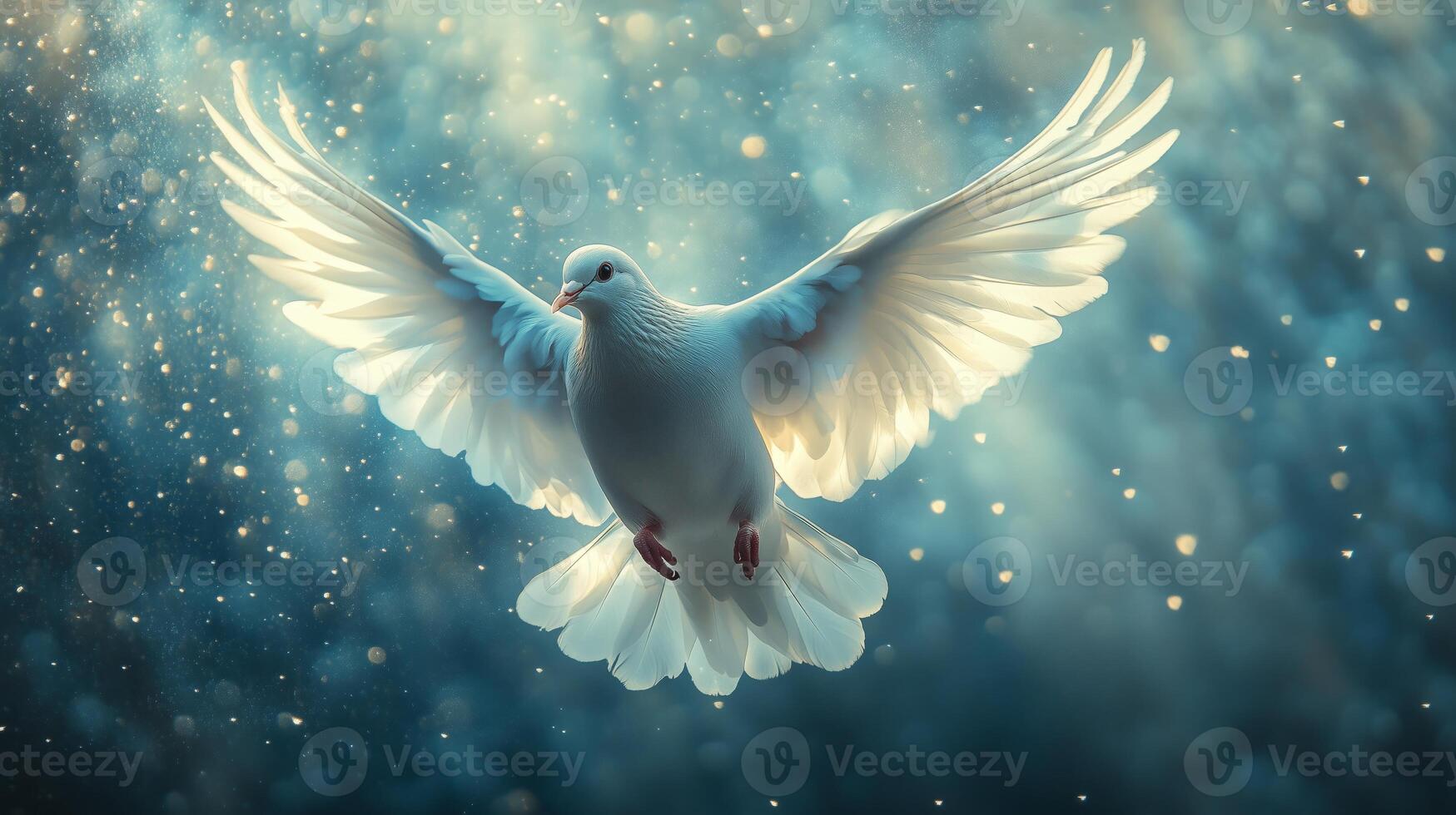 A white dove flying in the air with its wings spread photo