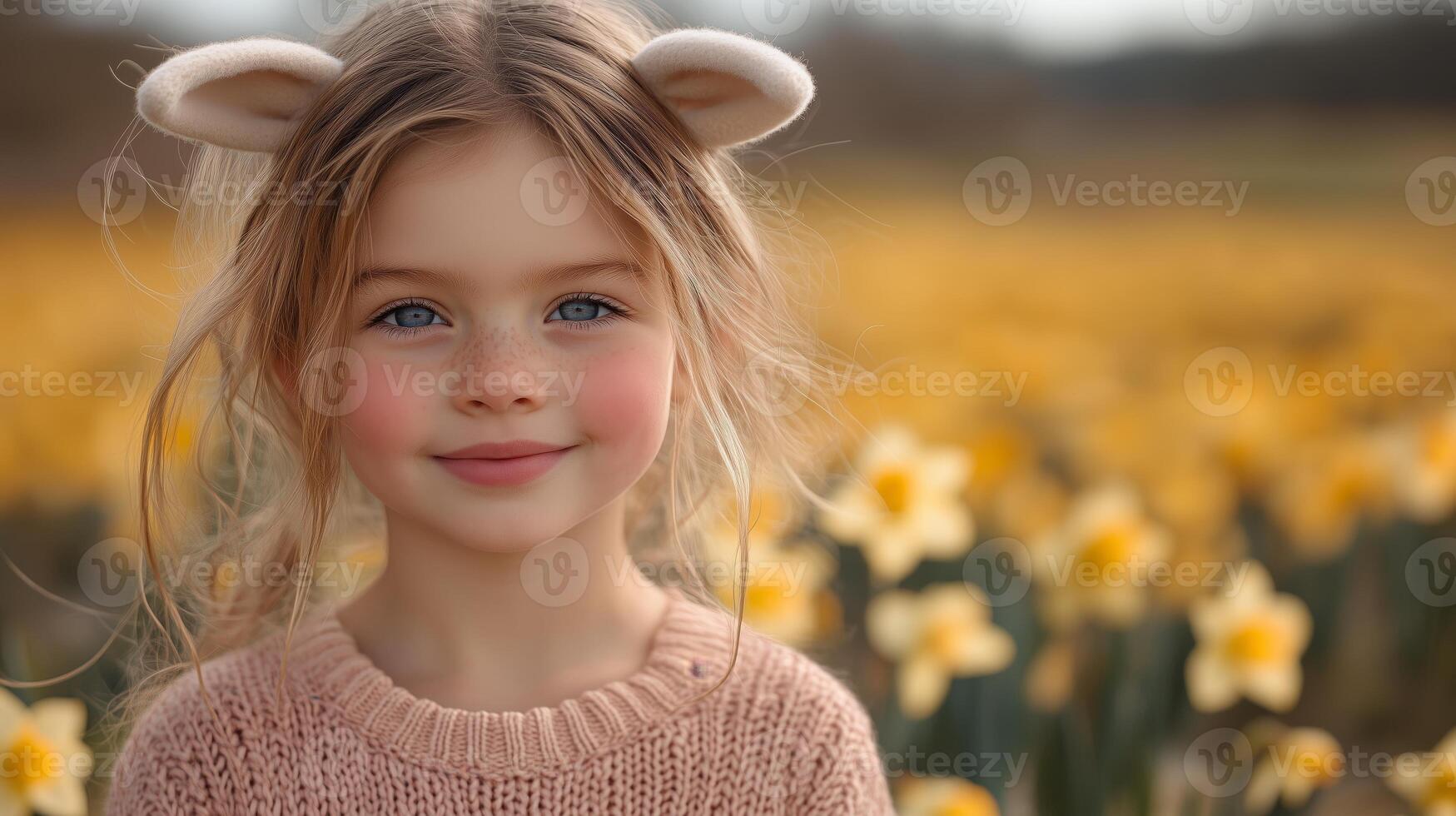 A little girl with bunny ears in a field of daffodils photo