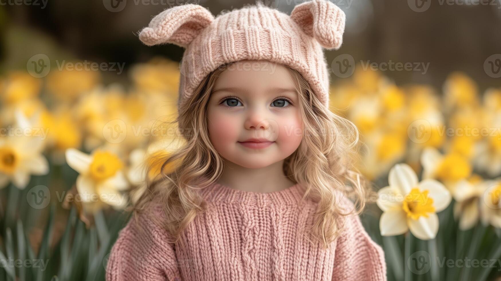 A little girl in a pink sweater and hat standing in a field of daffodils photo