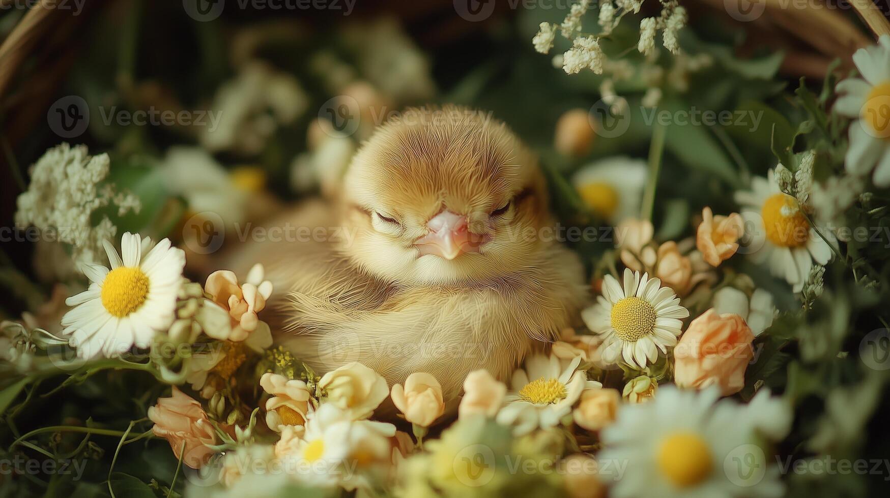 A baby chick is sleeping in a basket of flowers photo