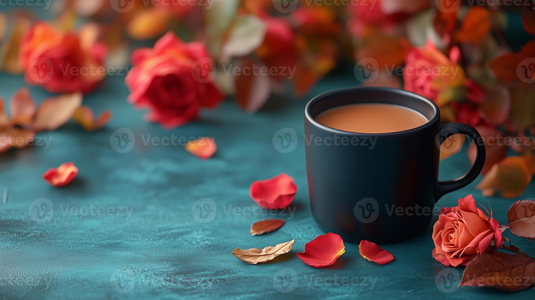 Coffee cup with red roses on blue background photo