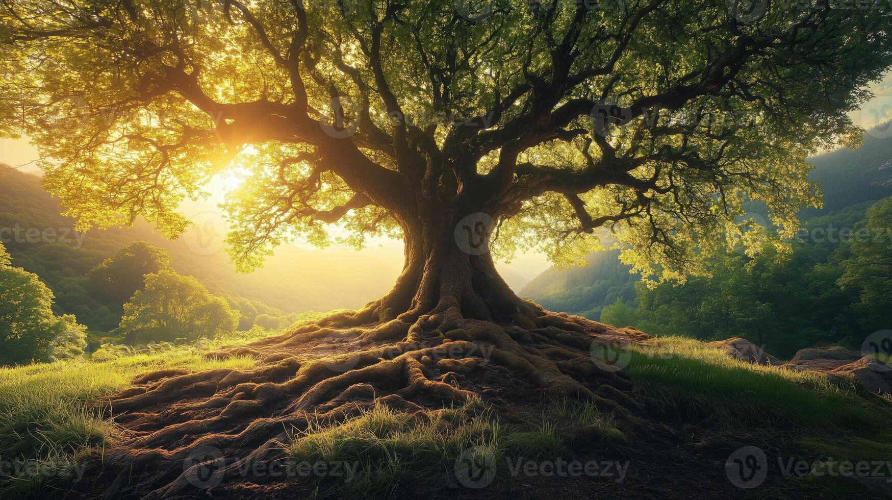 The tree is surrounded by green grass and trees photo