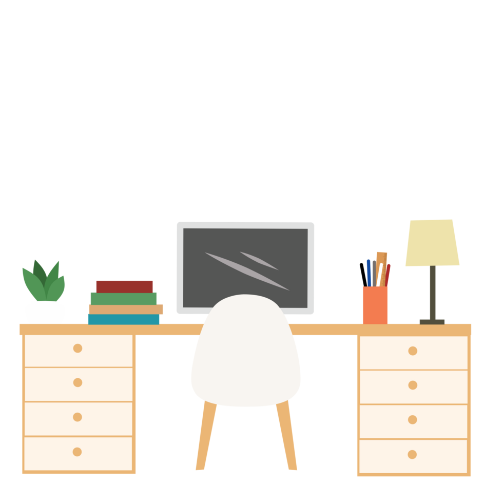 Work place interior. Chair, table, book, computer and lamp illustration png