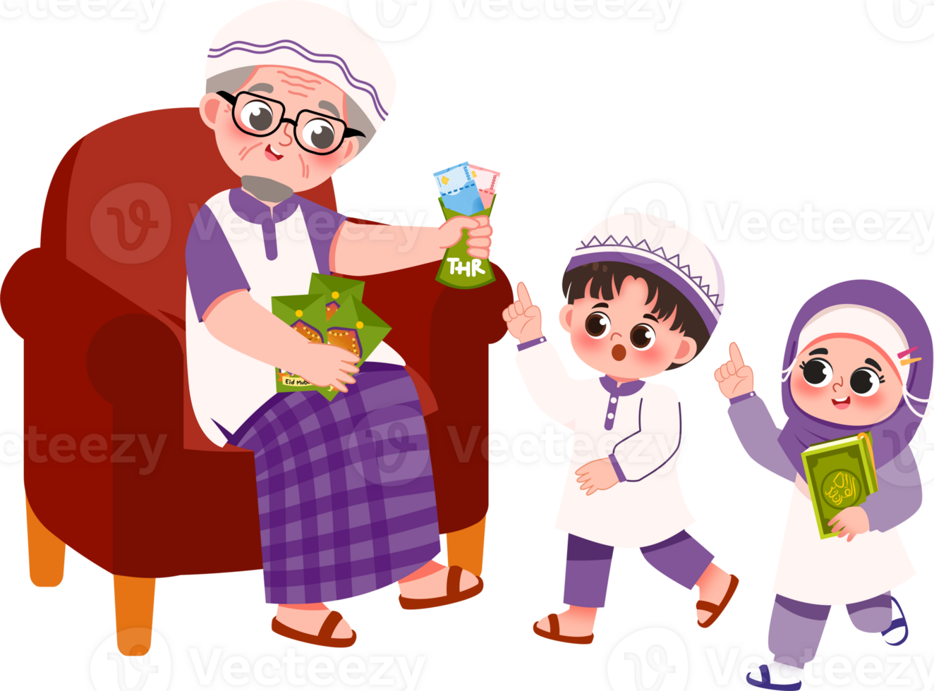 Grandfather Shares Eid Envelopes Illustration png