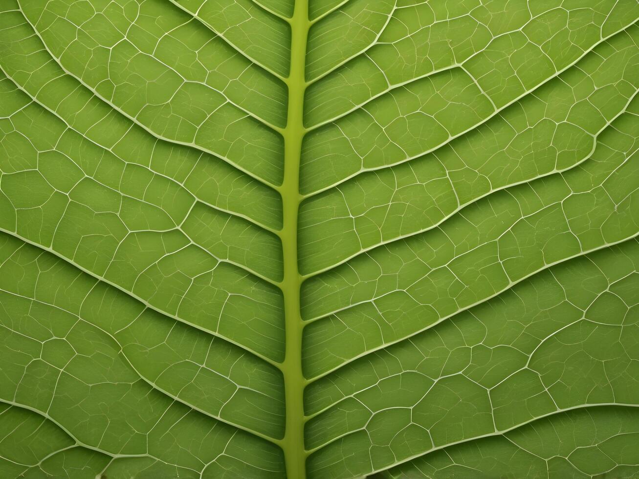 A high-detail close-up of a fresh green leaf, revealing the fine, symmetrical veins beneath its surface. photo