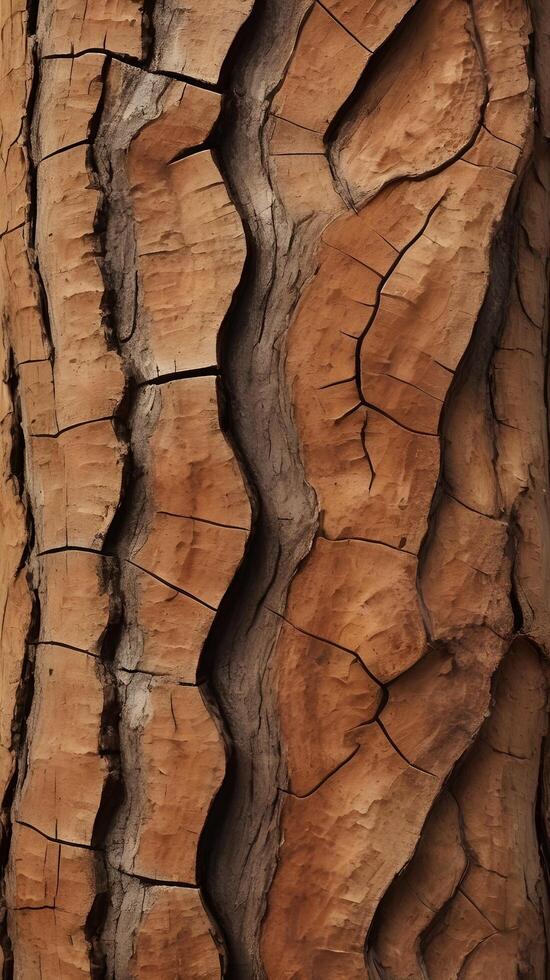 A high-resolution close-up of tree bark, capturing its rough, uneven surface with rich brown coloration. photo