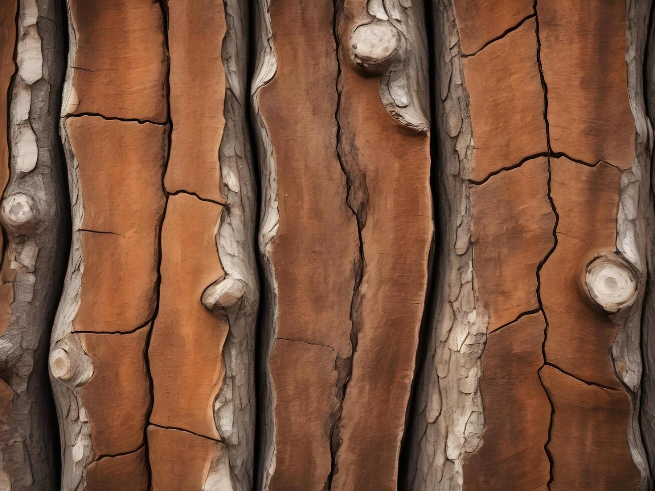A highly detailed close-up of a trees bark, highlighting its rugged, cracked texture and natural wood tones. photo