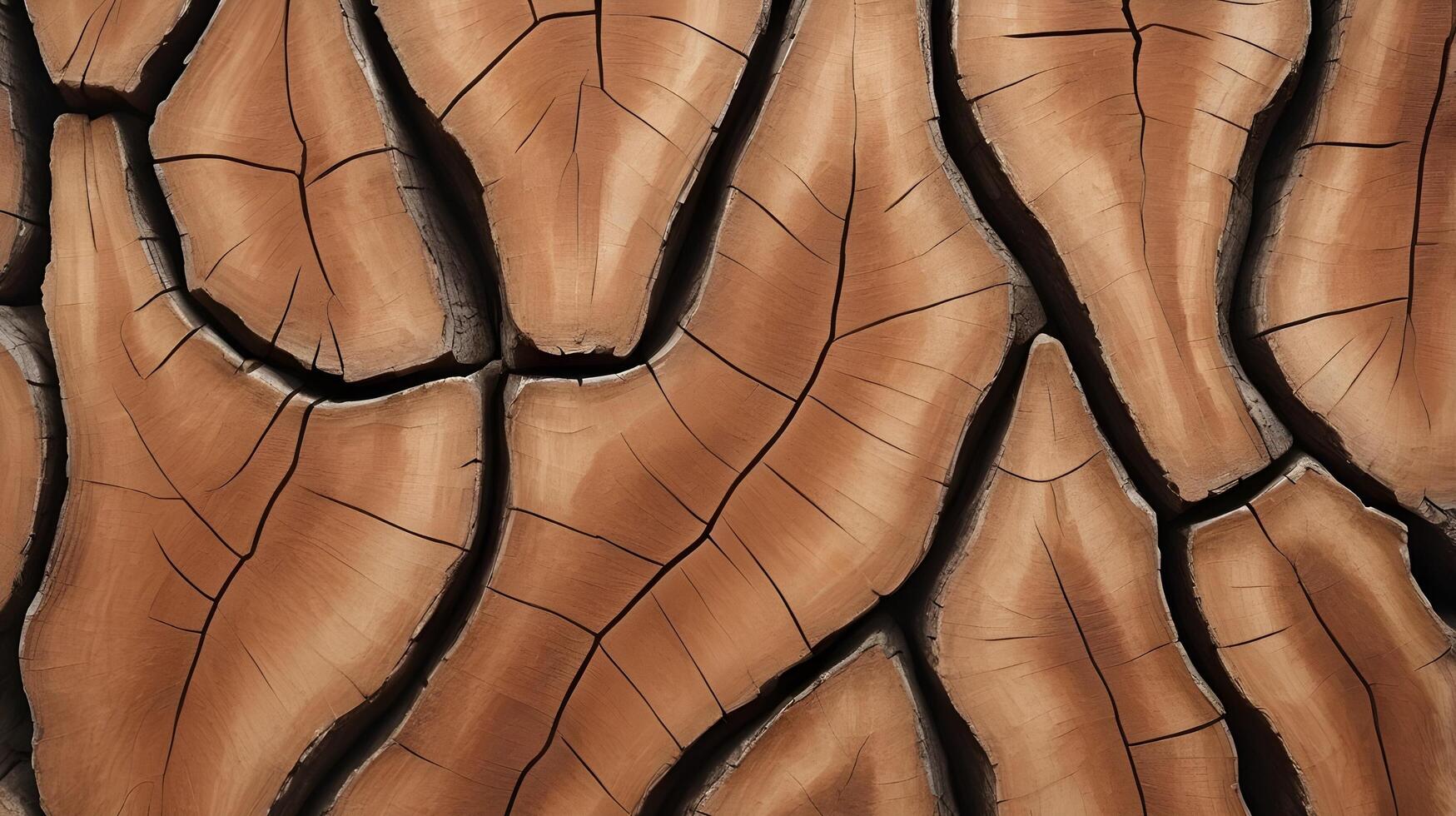 A textured close-up of tree bark, emphasizing its coarse surface, natural cracks, and warm wooden tones. photo