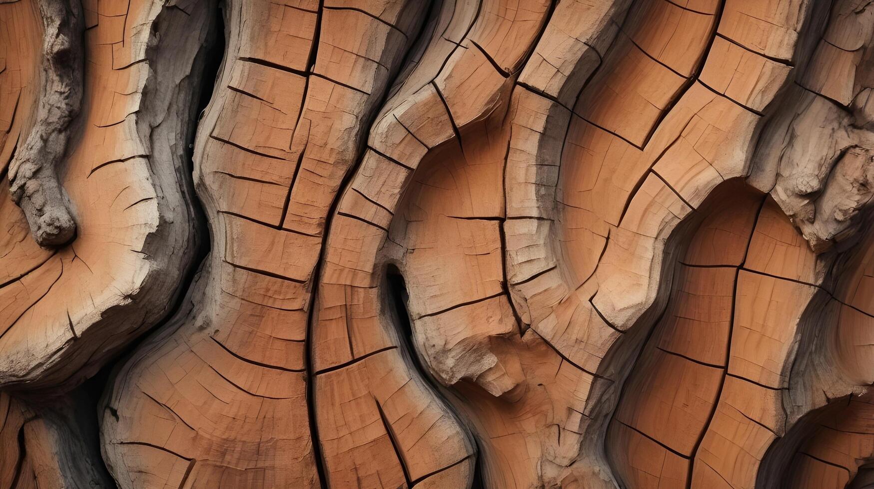 A zoomed-in shot of rugged tree bark, showcasing its intricate patterns, deep cracks, and earthy tones. photo