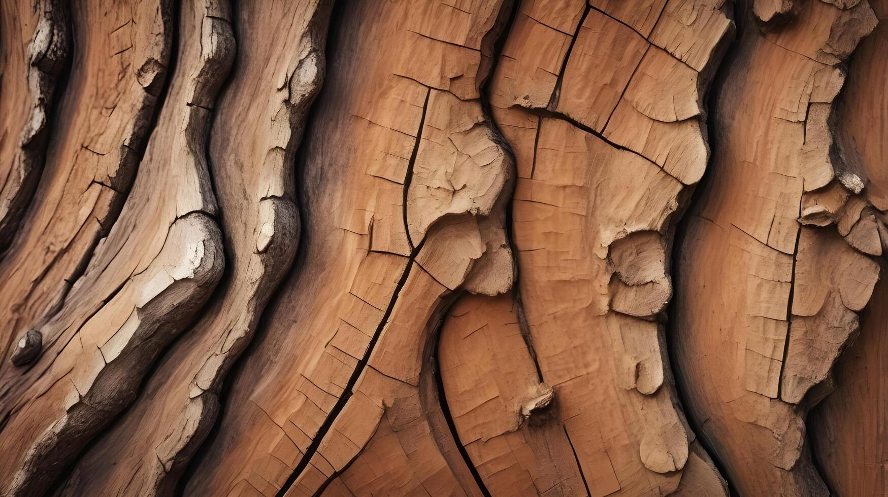A detailed close-up of rough tree bark with deep cracks and earthy brown shades, showcasing its natural texture. photo