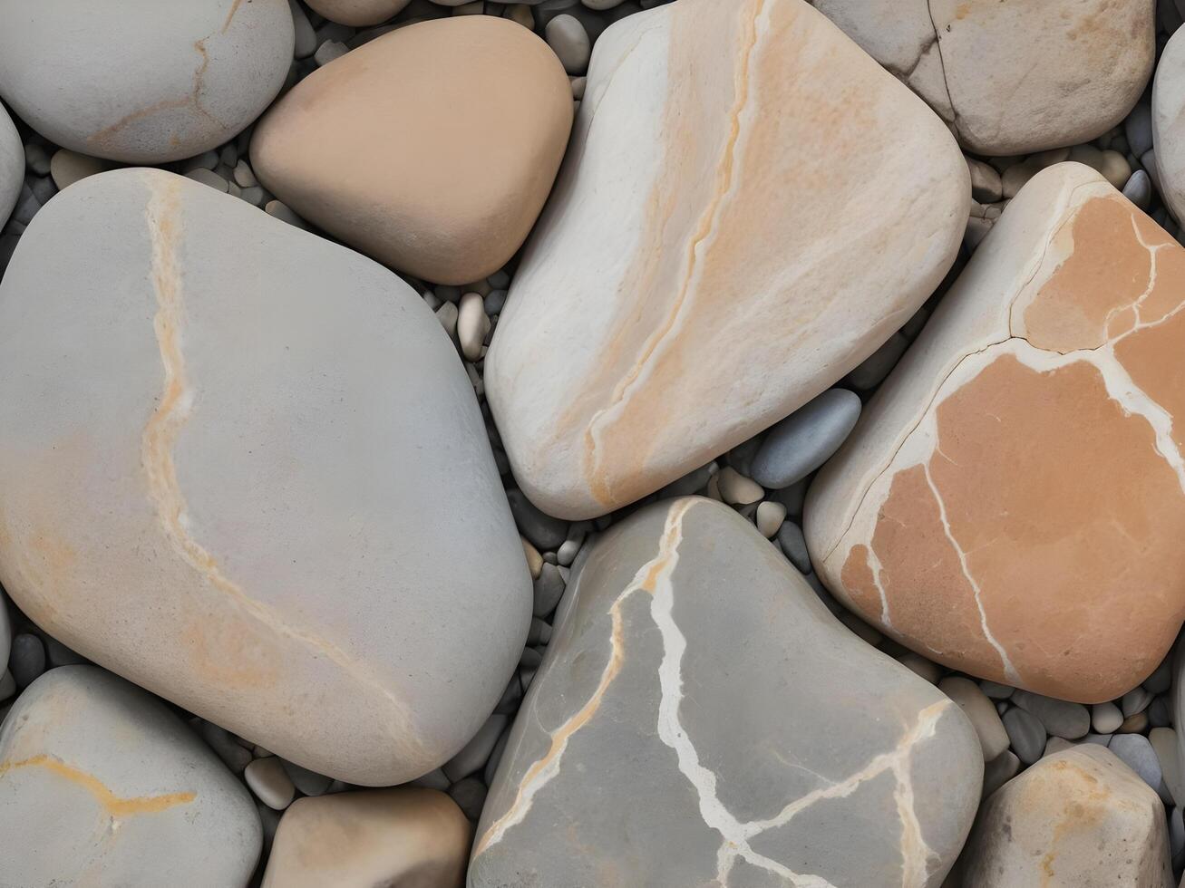 A high-resolution shot of a polished river stone, revealing its subtle imperfections and the mineral veins beneath. photo