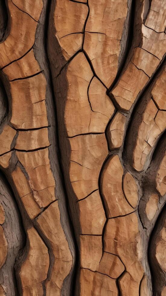 A macro shot capturing the deep grooves and rich brown hues of tree bark, highlighting its rugged texture. photo