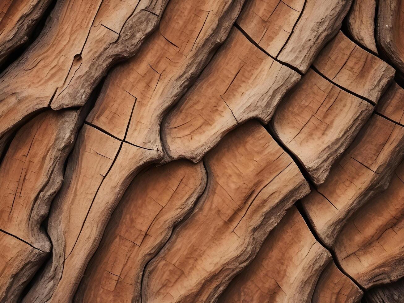 A close-up of deeply grooved tree bark with rich brown tones and cracks, emphasizing organic roughness. photo