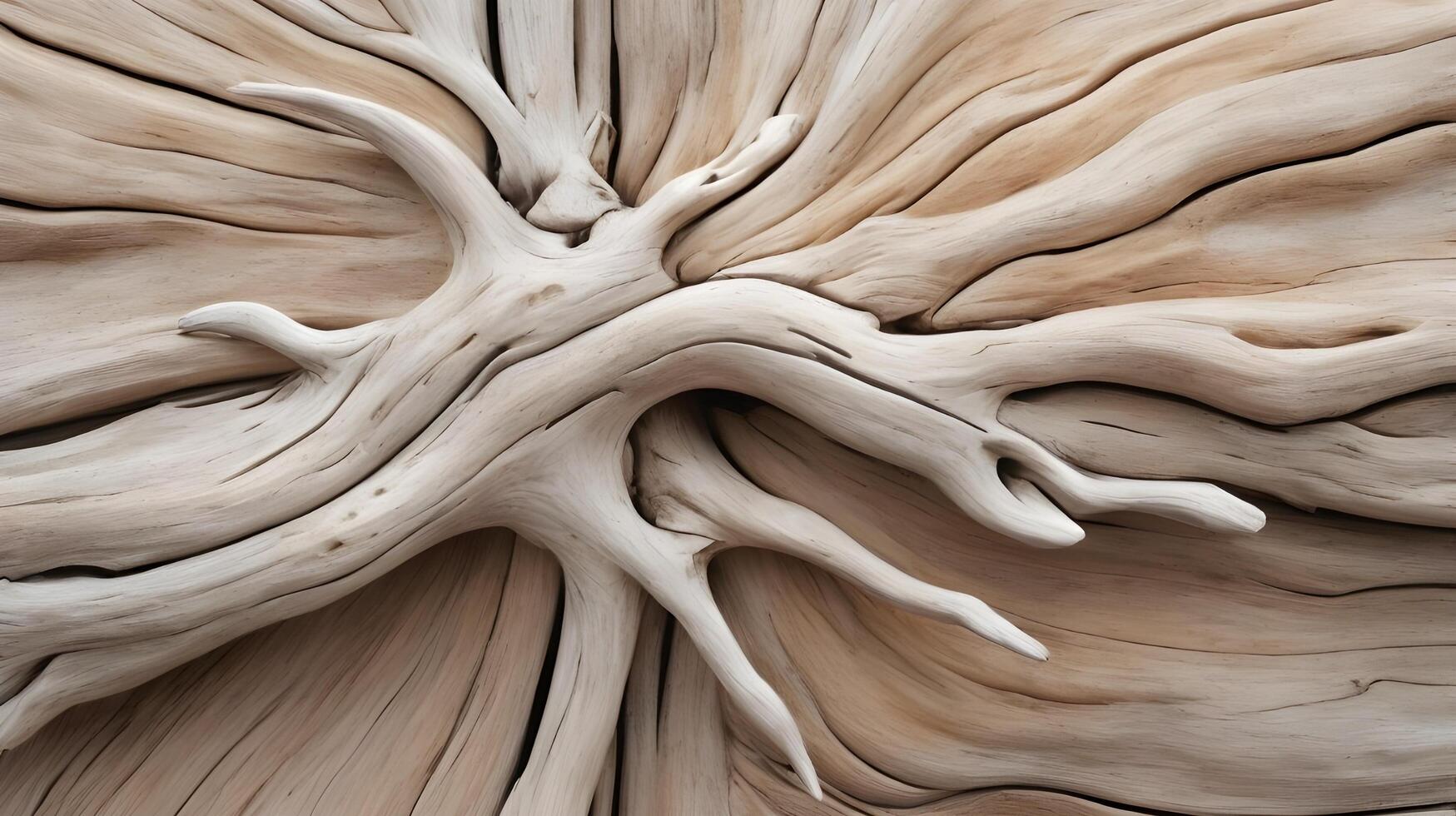 A close-up of weathered driftwood, sun-bleached and showing off the texture of its grain lines and knots. photo