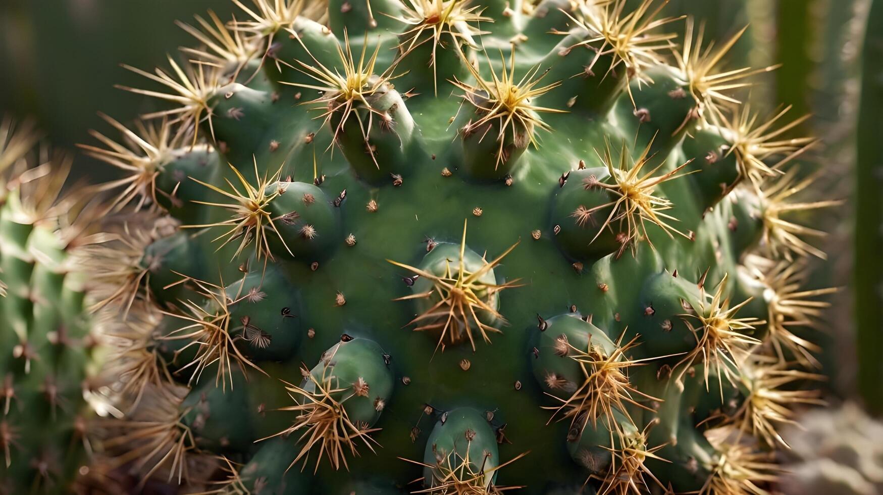 A sharp close-up of a cactus, focusing on the spiky needles and the fleshy surface adorned with patterns. photo