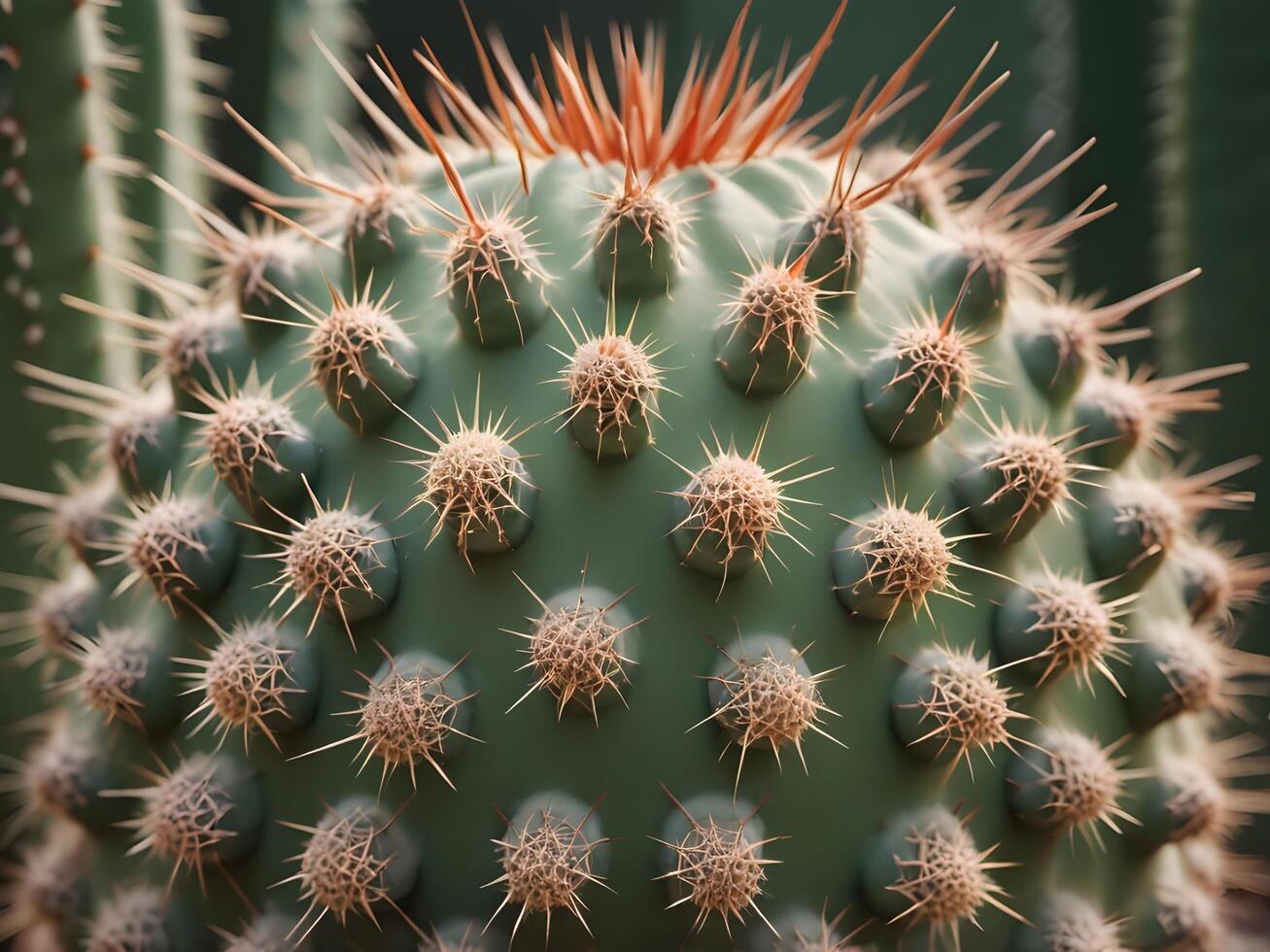 A close-up image of a cactus, highlighting its thorn-covered spines and the subtle patterns on its fleshy skin. photo
