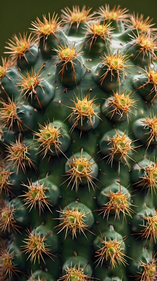 A macro view of a cactus, emphasizing the long, spiky thorns and the smooth, patterned surface of its body. photo