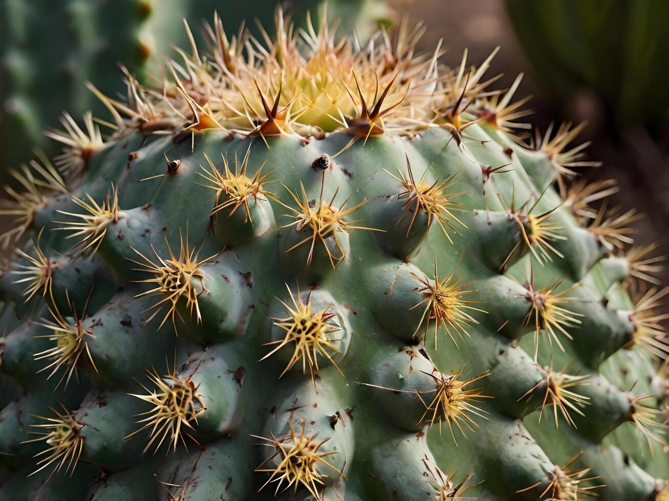 A detailed shot of a cactus, with a focus on its spiky thorns and the fleshy surface that displays intricate patterns. photo