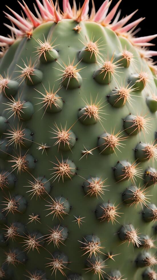 A detailed macro image of a cactus spiky needles and the intricate patterns on its fleshy skin. photo
