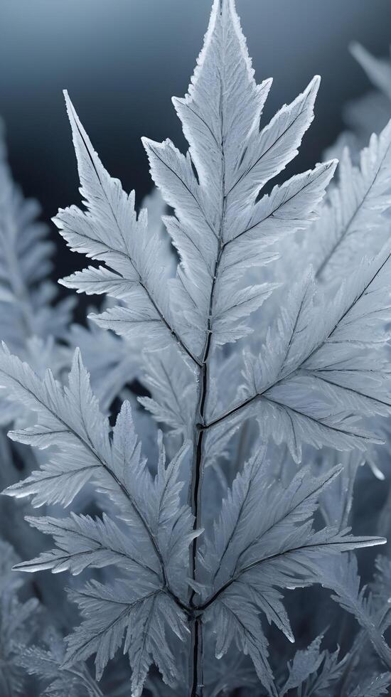 A close-up of frost, showcasing the delicate and intricate ice crystals forming in unique geometric shapes. photo