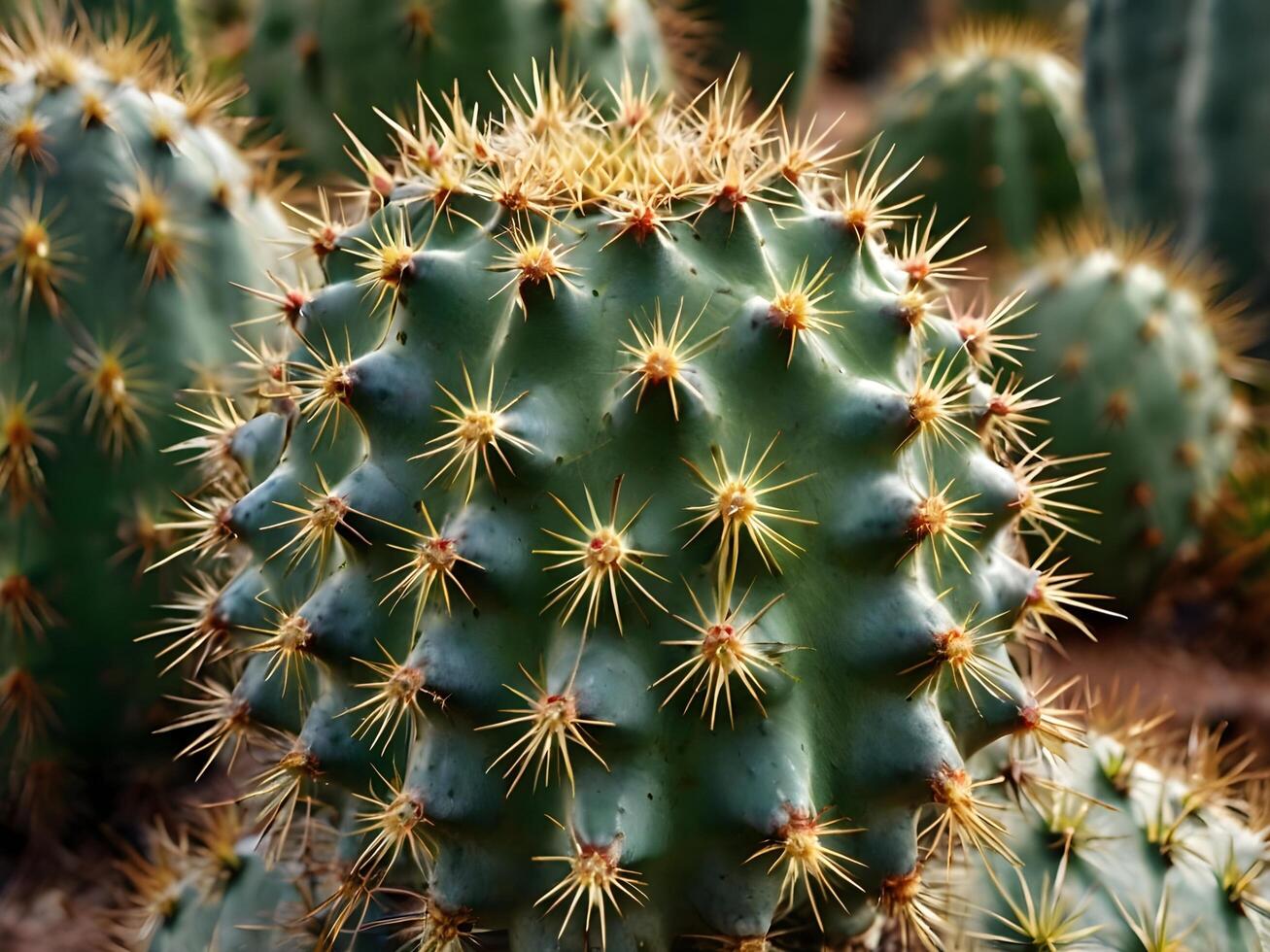 A macro view of a cactus spiky spines and its patterned, fleshy surface. photo