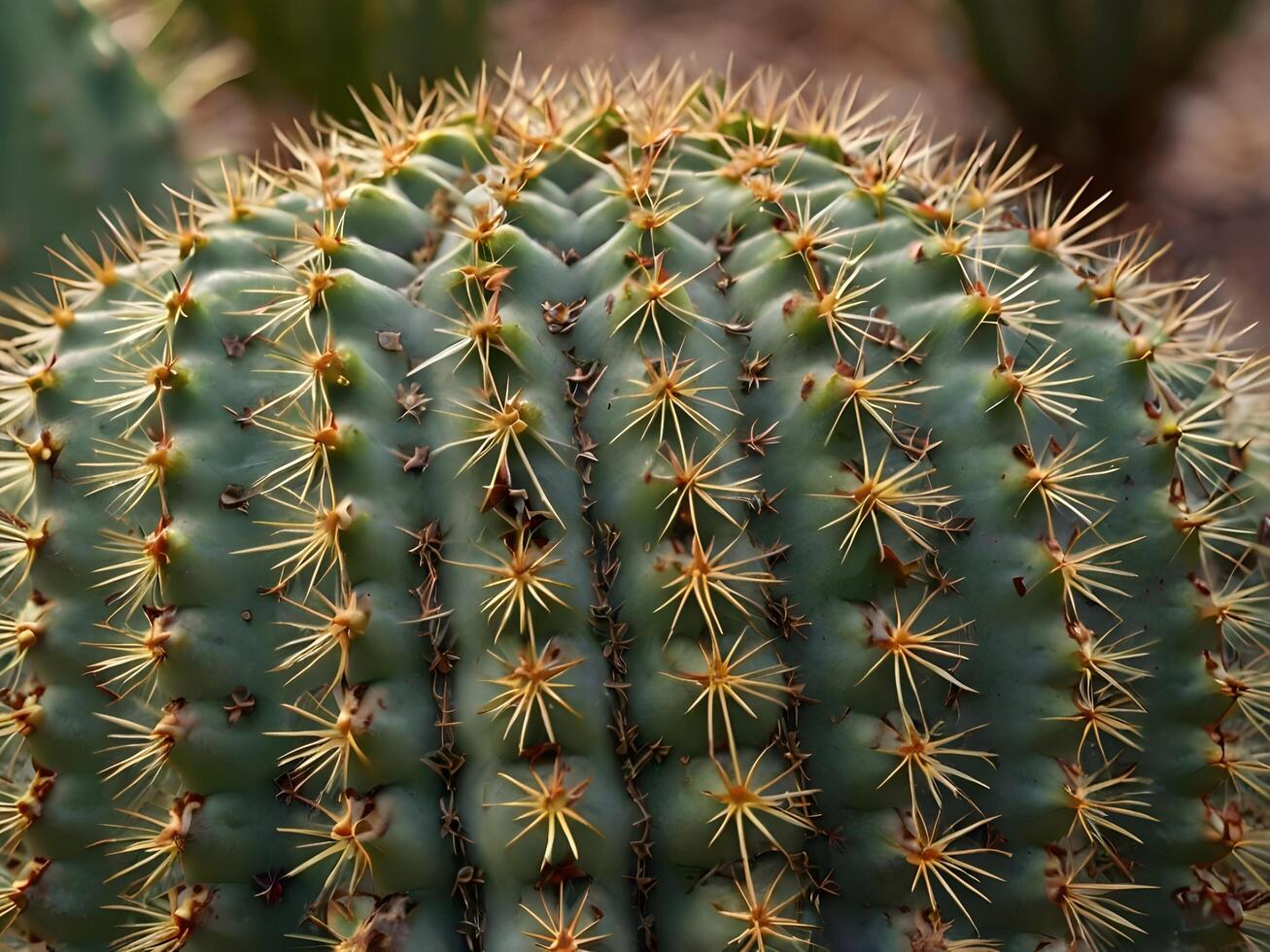 A close-up shot of a cactus, focusing on its sharp spines and textured, fleshy surface. photo