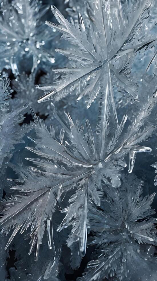 A close-up photograph of frost, revealing the intricate, crystalline patterns forming on the surface. photo