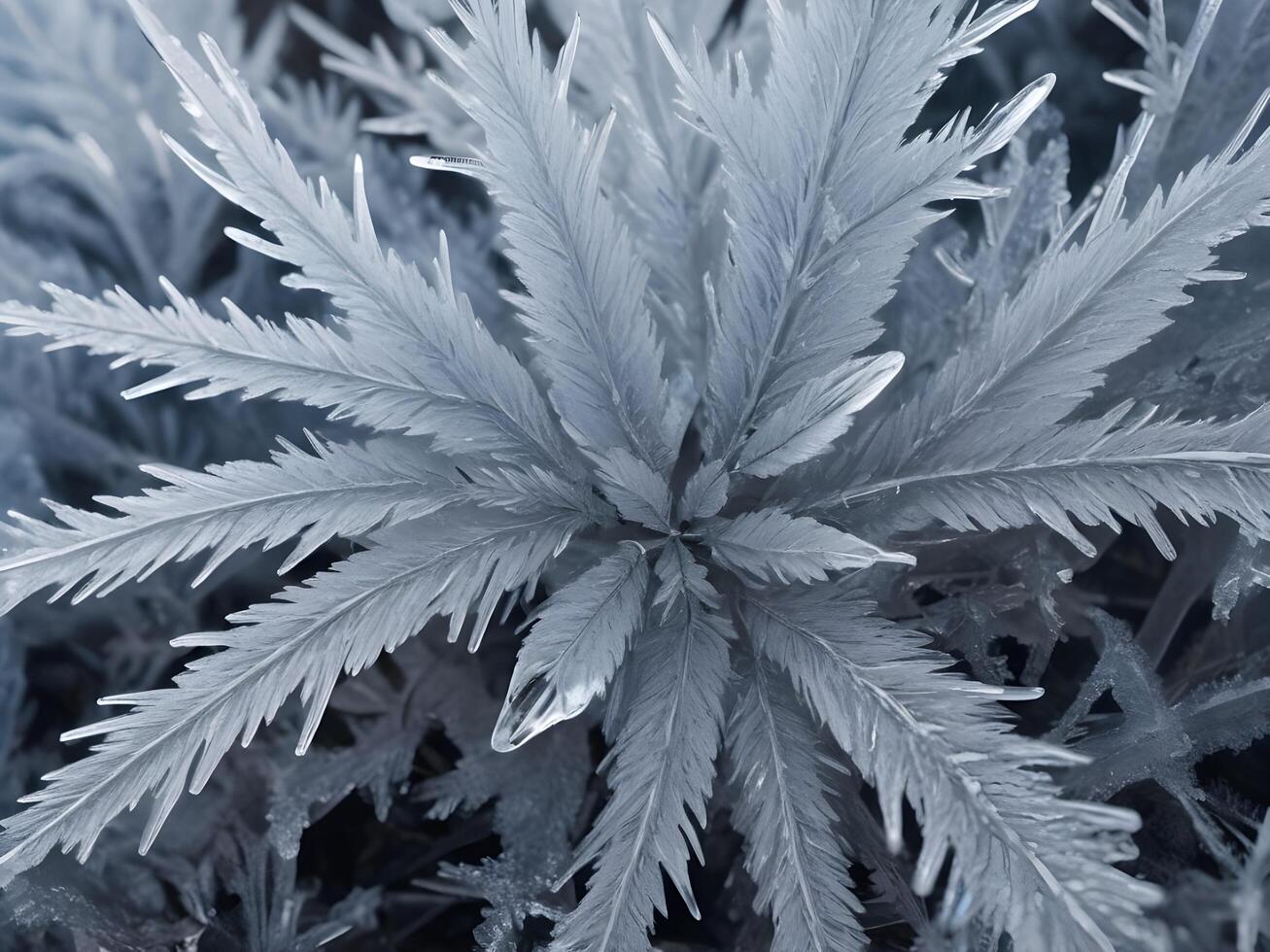 A macro shot of frost crystals, emphasizing the delicate and ornate patterns that form across the surface. photo