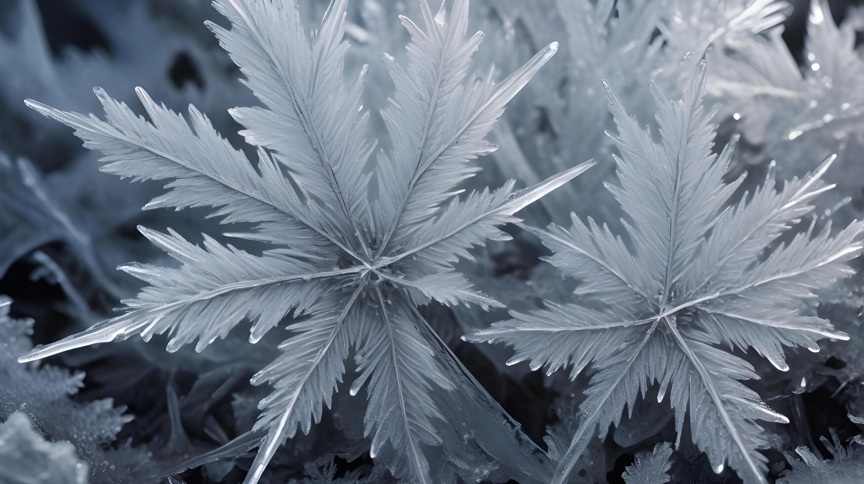 An extreme close-up of frost, showcasing the unique and detailed ice crystal formations. photo