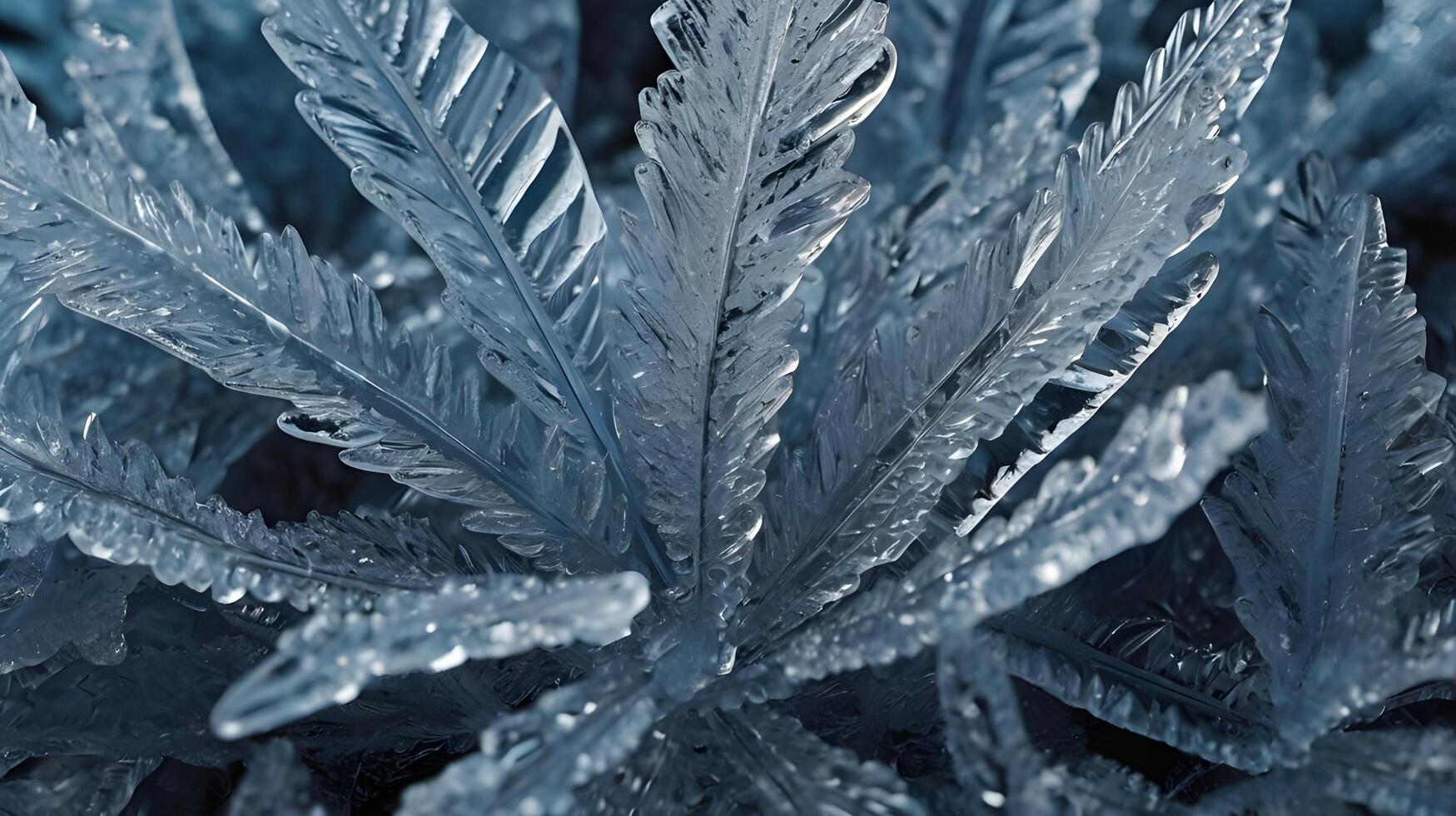 A close-up view of frost patterns on a surface, showcasing the detailed and artistic ice crystal formations. photo