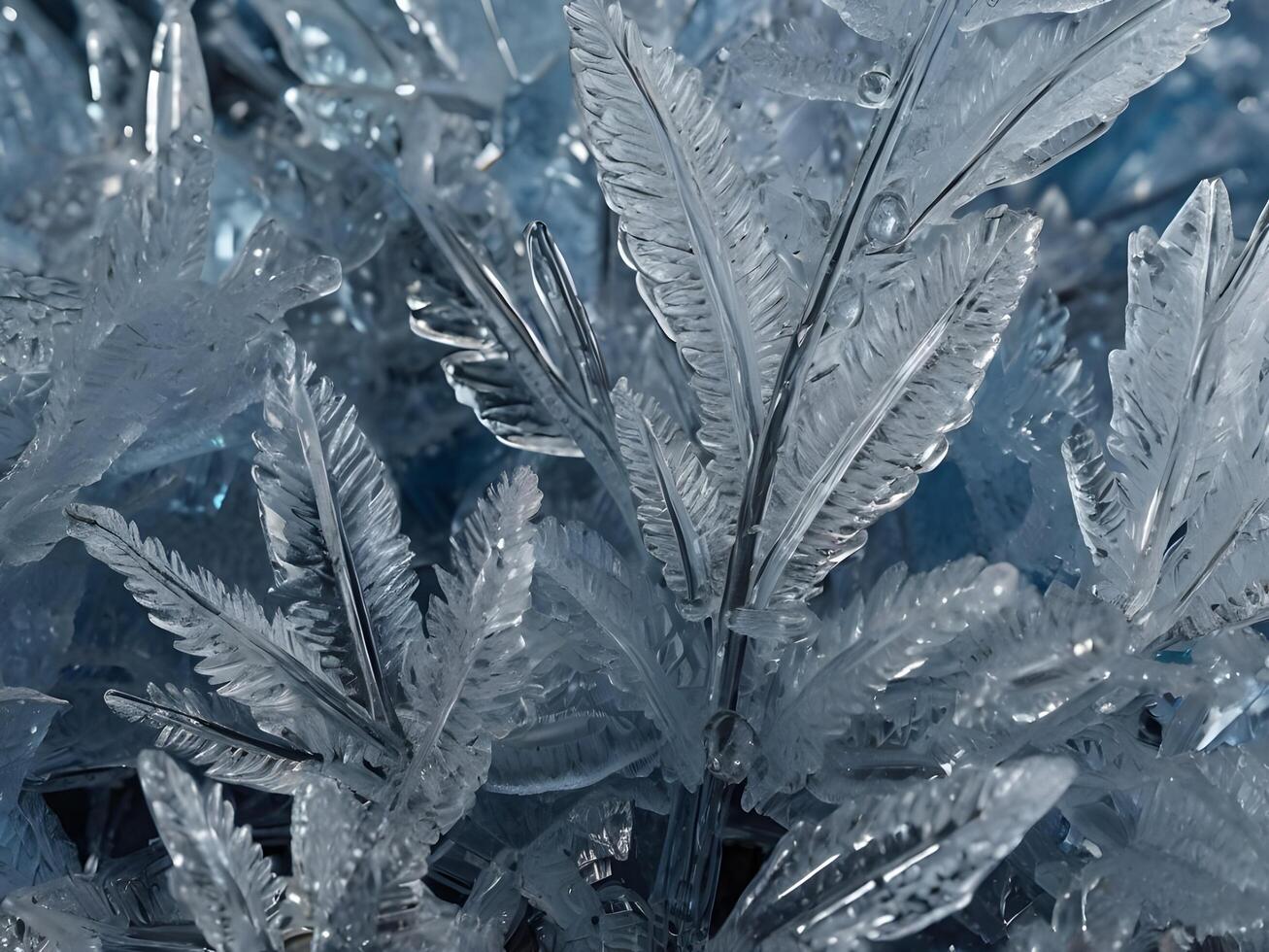 A detailed macro shot of frost forming delicate ice crystals with intricate, unique patterns. photo