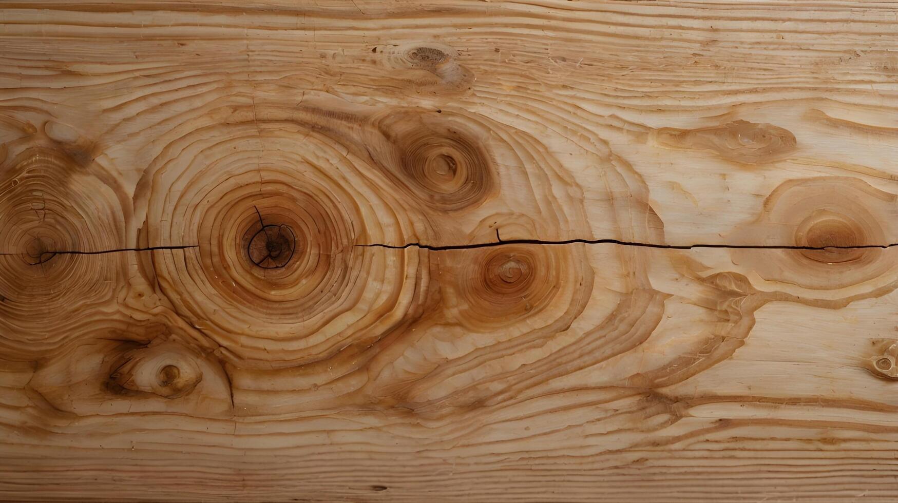 A close-up view of pine wood, focusing on the intricate grain patterns and noticeable knots throughout. photo