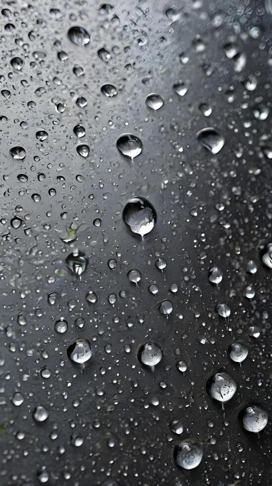 A sharp-focus photograph of condensation beads spreading across a surface in random designs. photo