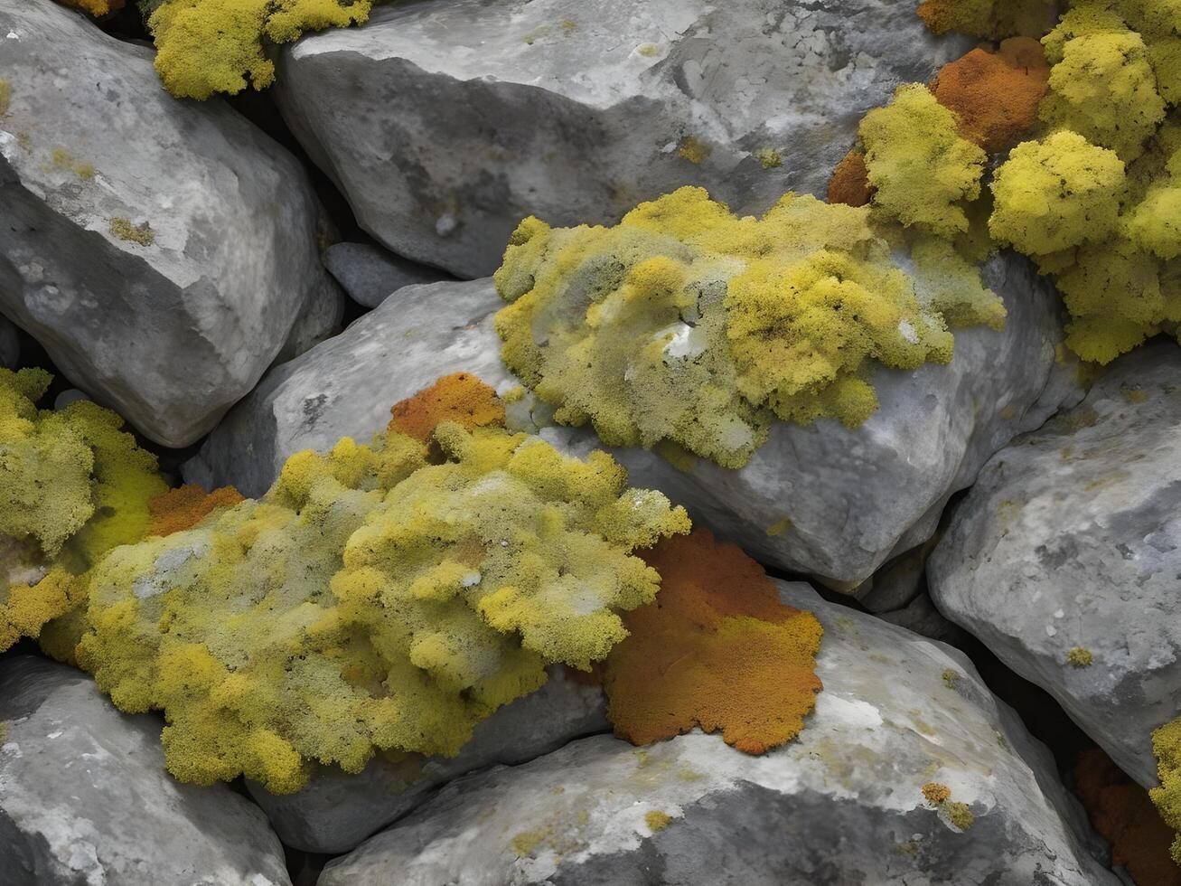 A magnified shot capturing the organic growth of lichen in various shapes and colors on stone. photo