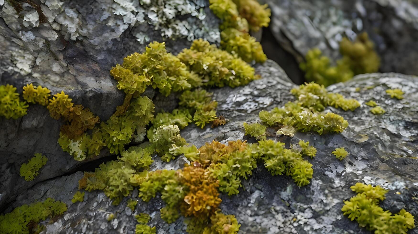 A finely detailed macro perspective of multiple lichen species growing across a rough rock face. photo