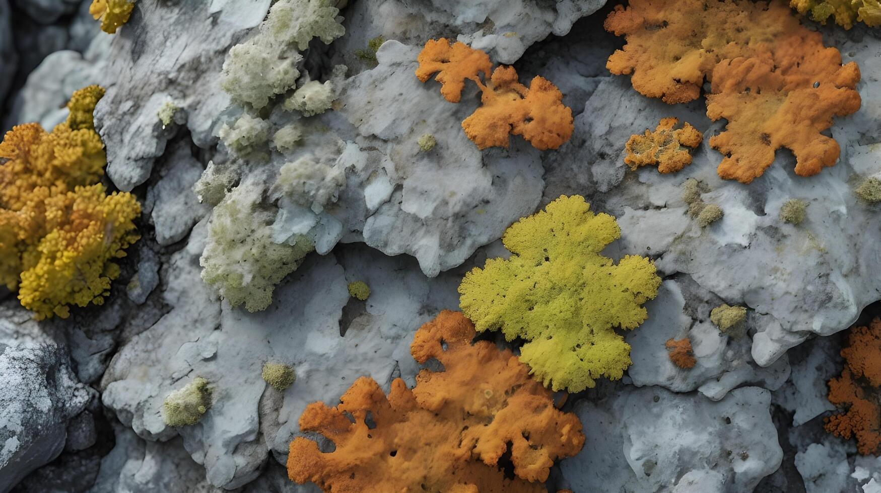 A close-up image revealing the intricate textures of different lichens spreading over rock. photo