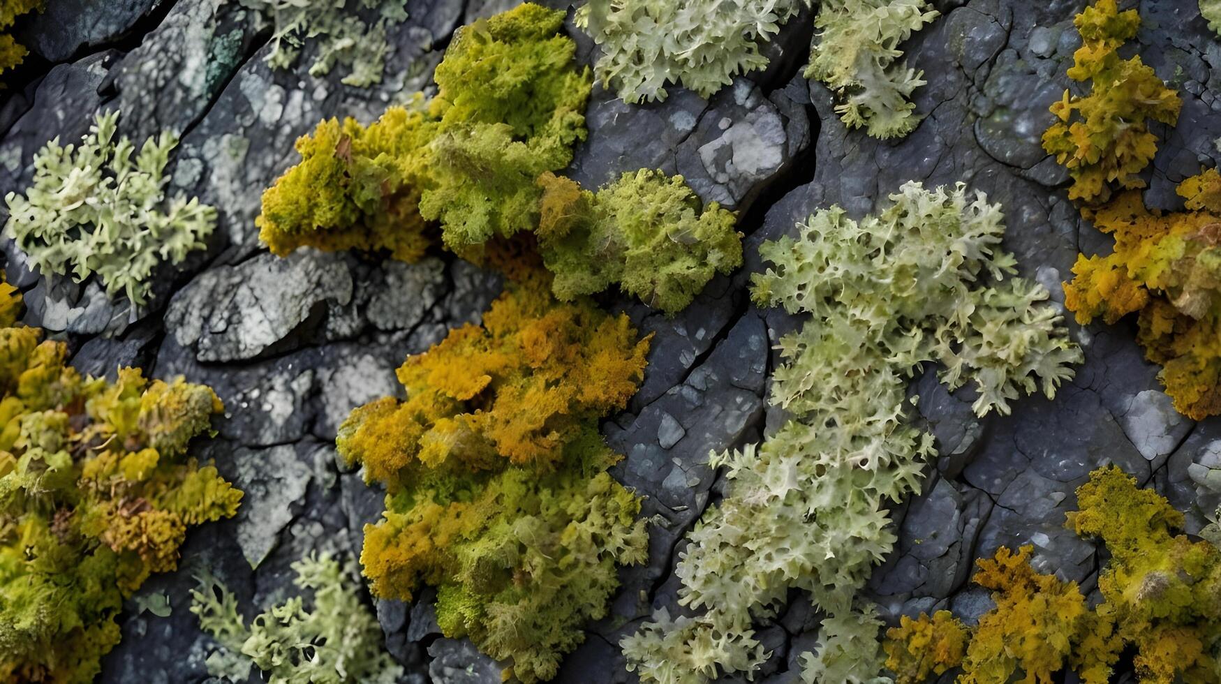 A detailed macro photograph of lichen colonies expanding across a weathered stone. photo