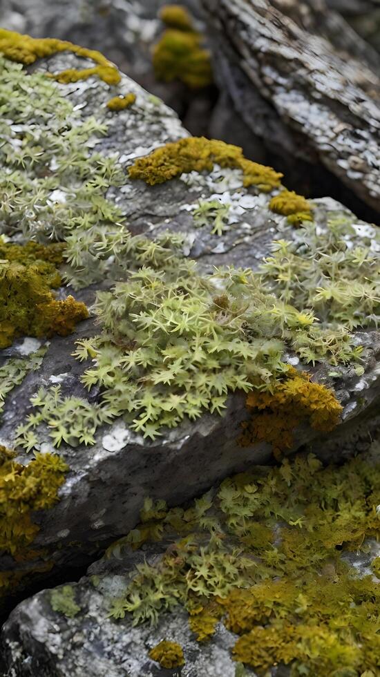 A highly detailed close-up of different types of lichen spreading across a rough rock. photo
