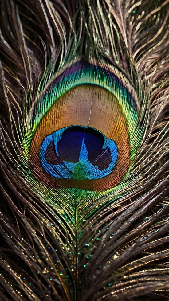 A high-resolution shot of a peacock feather, showcasing its rich colors and complex details. photo