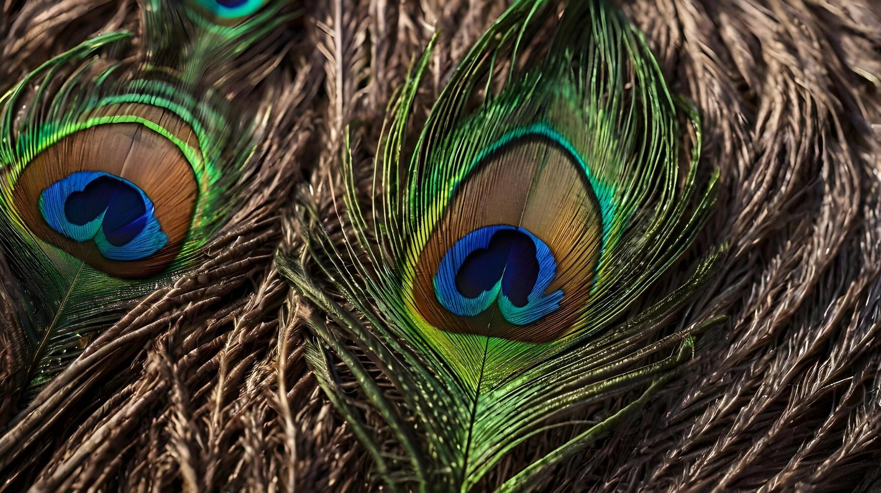 A finely detailed view of a peacock feather, revealing its vivid colors and elaborate texture. photo