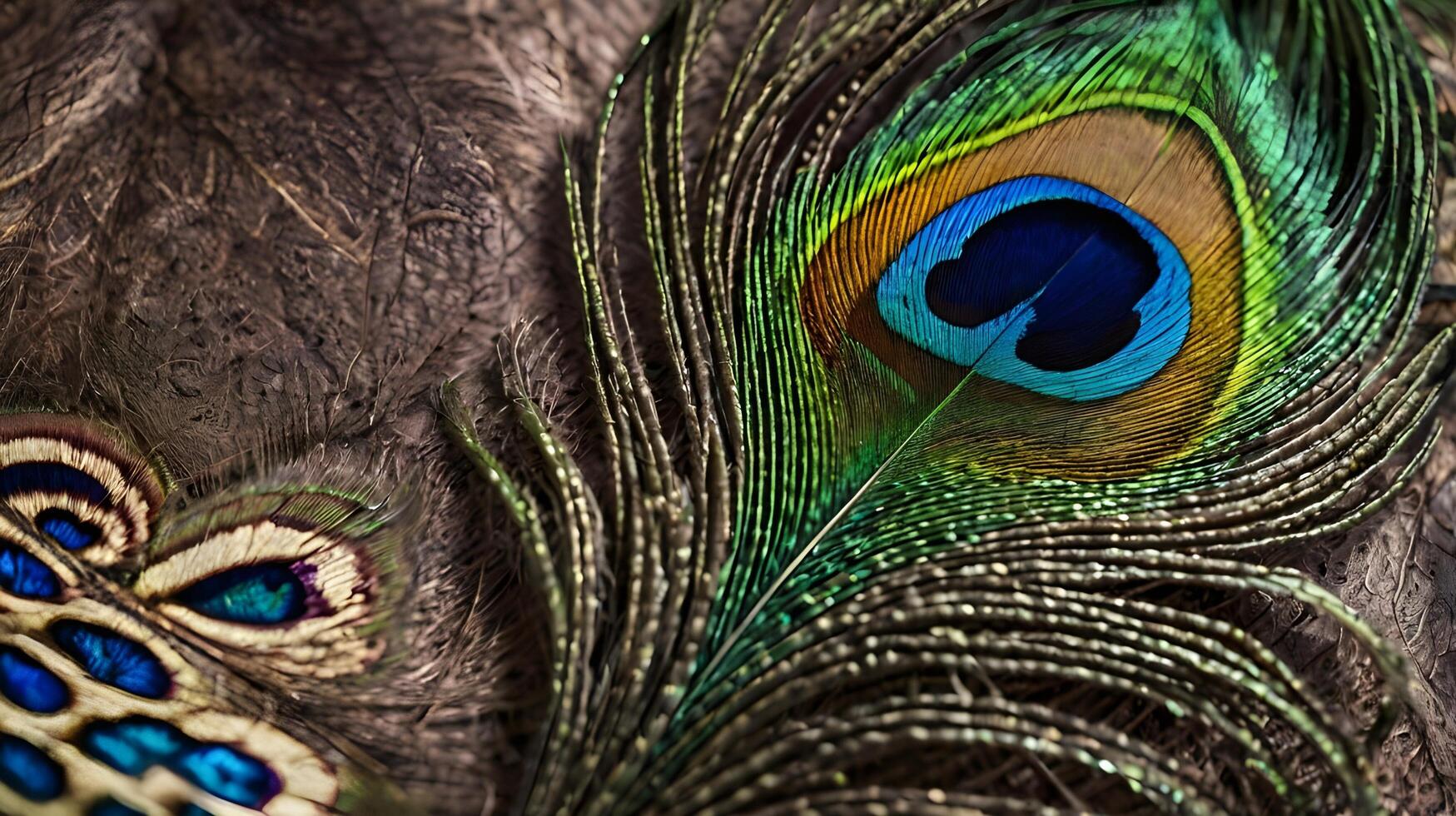A macro shot of a peacock feather with stunning hues and intricate design details. photo