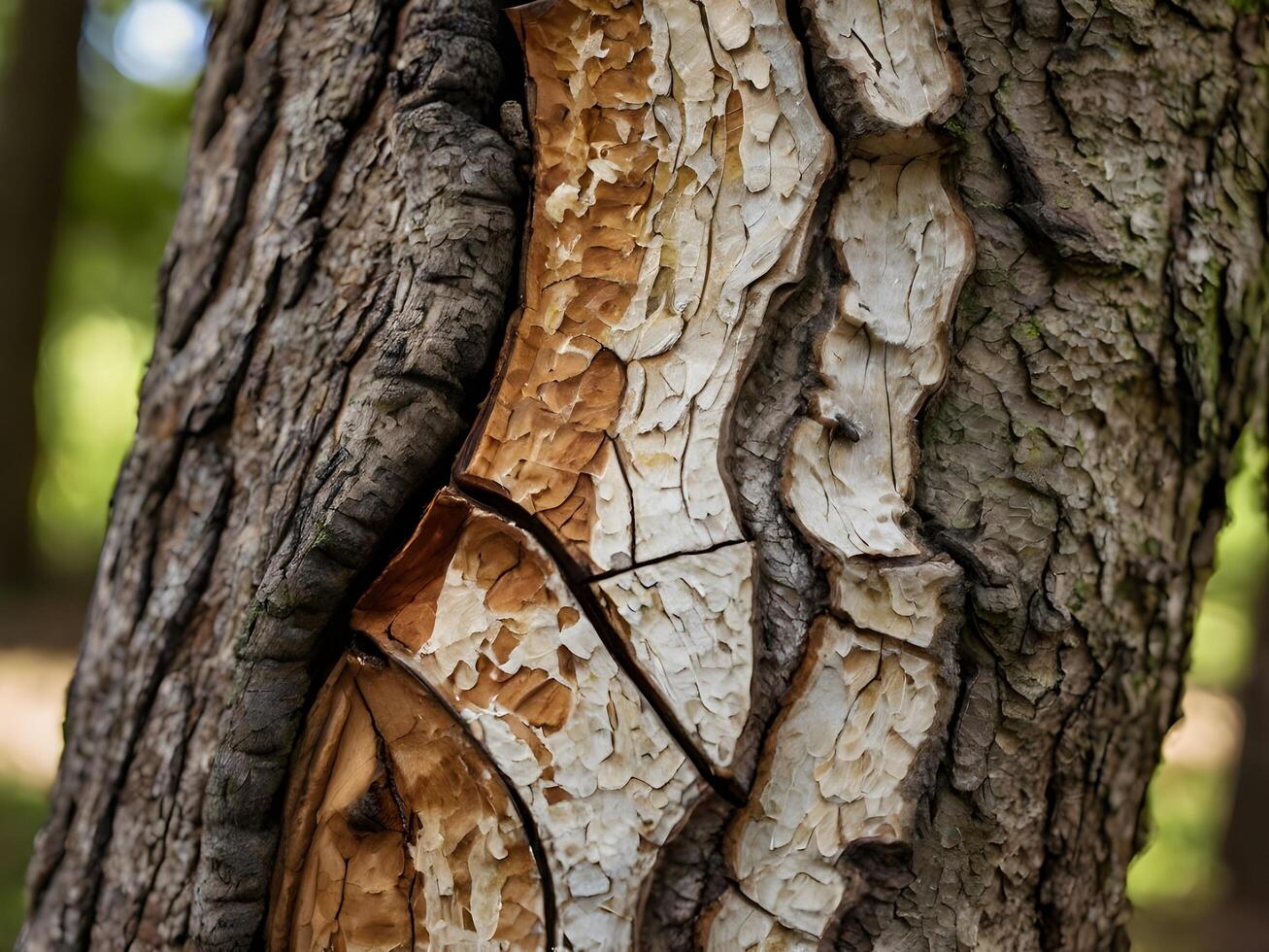 A macro photograph showing the intricate patterns formed as bark peels away from a tree. photo