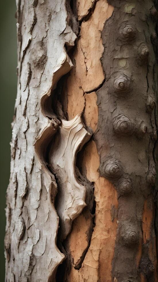 A close-up view capturing the natural peeling process of tree bark, exposing detailed textures. photo