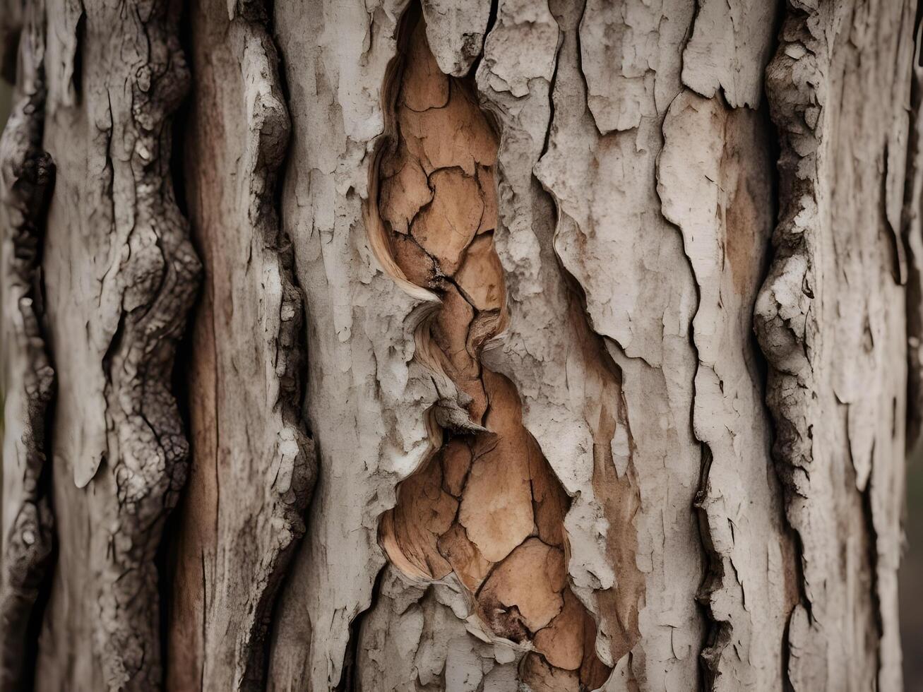 A high-resolution image of a trees bark cracking and peeling, exposing the inner layers. photo