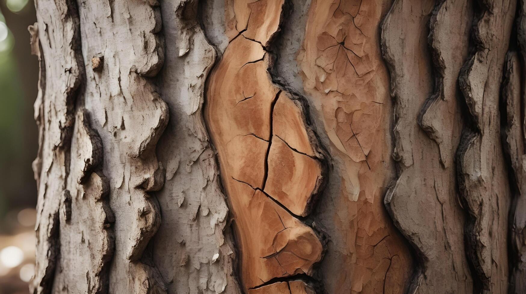 A close-up shot of peeling bark on a tree trunk, showcasing the rich texture beneath. photo