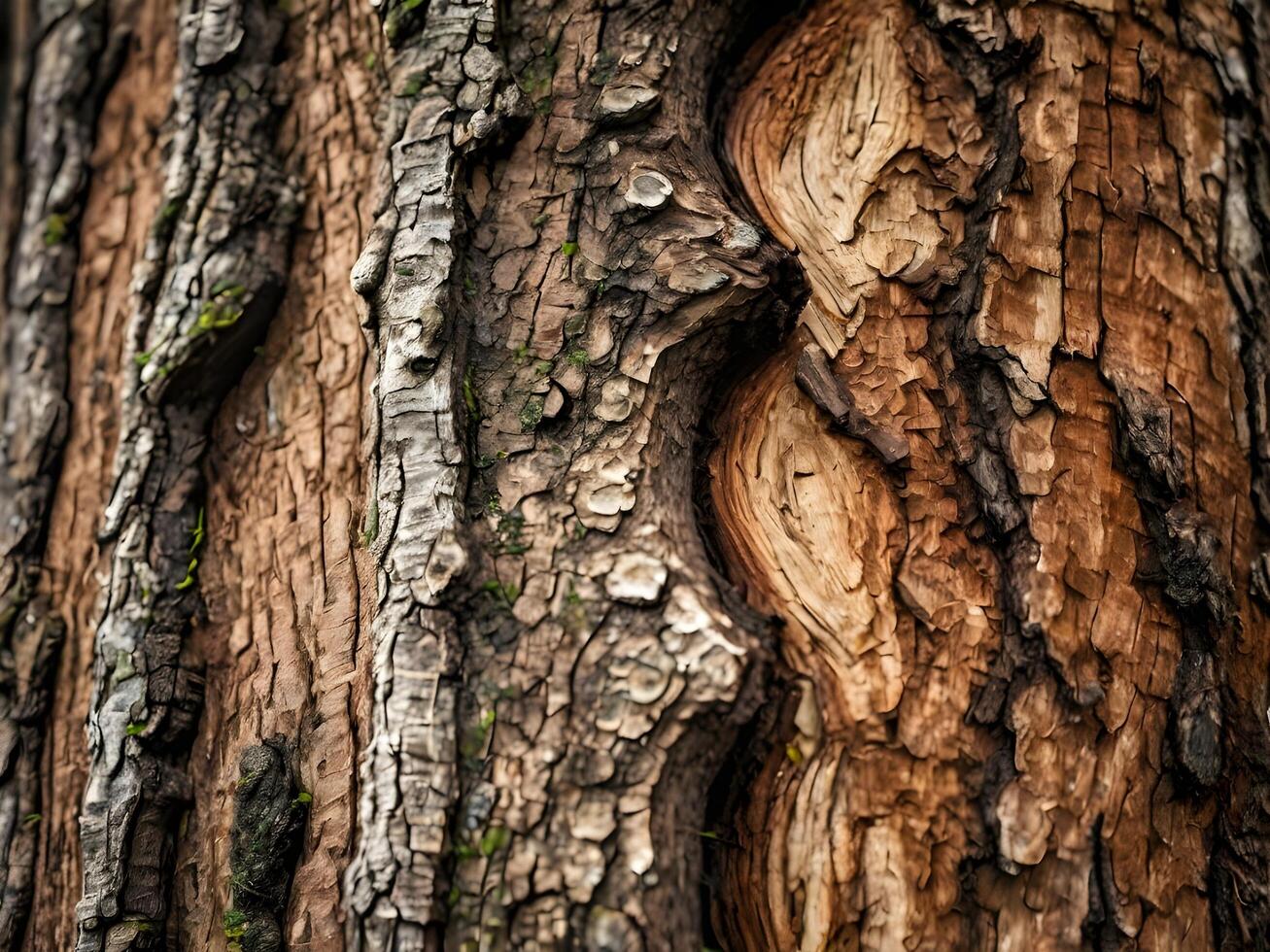 A close-up view of weathered tree bark curling away to reveal the surface underneath. photo