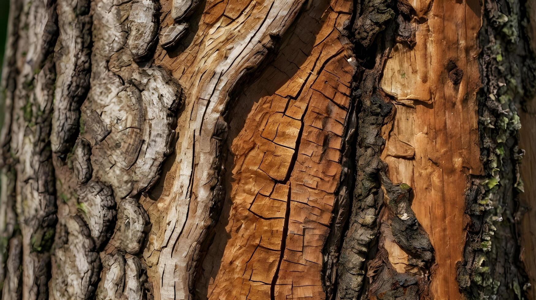 A detailed close-up of bark peeling away from a tree trunk, revealing textures beneath. photo