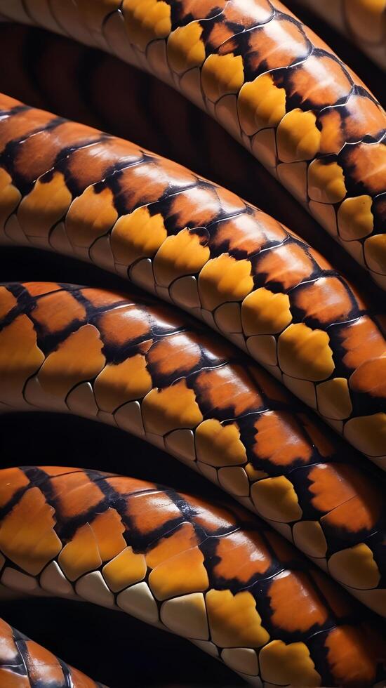 A detailed close-up of a snakes scales, with each overlapping scale reflecting light with a glossy glow. photo